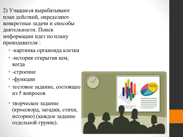 2) Учащиеся вырабатывают план действий, определяют конкретные задачи и способы деятельности. Поиск