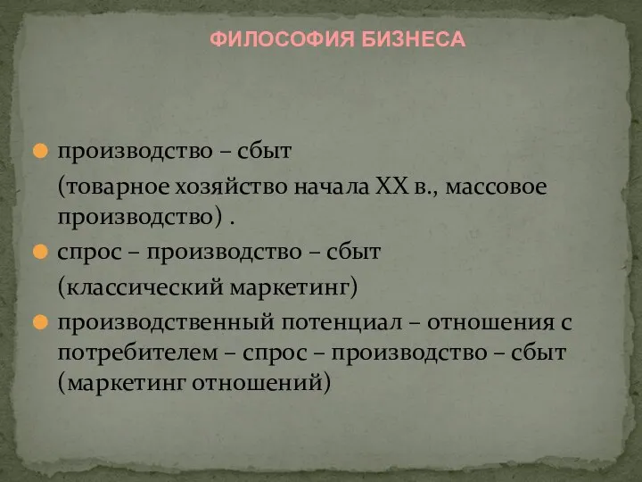 ФИЛОСОФИЯ БИЗНЕСА производство – сбыт (товарное хозяйство начала ХХ в., массовое производство)