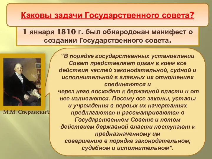 1 января 1810 г. был обнародован манифест о создании Государственного совета. Проект