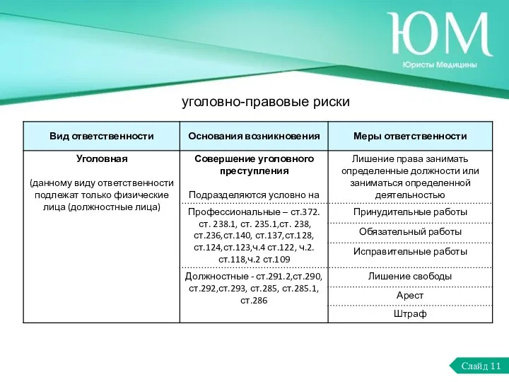 Слайд 11 уголовно-правовые риски