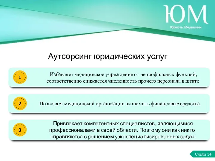 Слайд 14 Избавляет медицинское учреждение от непрофильных функций, соответственно снижается численность прочего