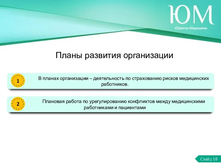 Планы развития организации В планах организации – деятельность по страхованию рисков медицинских