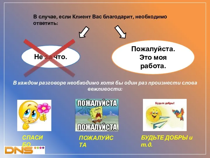 В случае, если Клиент Вас благодарит, необходимо ответить: Не за что. Пожалуйста.