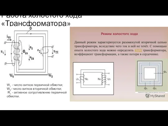 Работа холостого хода «Трансформатора» W1 - число витков первичной обмотки; W2- число