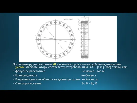 По периметру расположены 28 иллюминаторов из поликарбоната диаметром 340мм. Иллюминаторы соответствуют требованиям