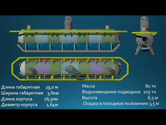 Масса 80 тн Водоизмещение подводное 105 тн Высота 6,5 м Осадка в