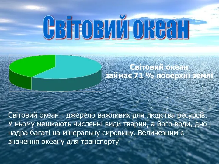 Світовий океан займає 71 % поверхні землі Світовий океан - джерело важливих