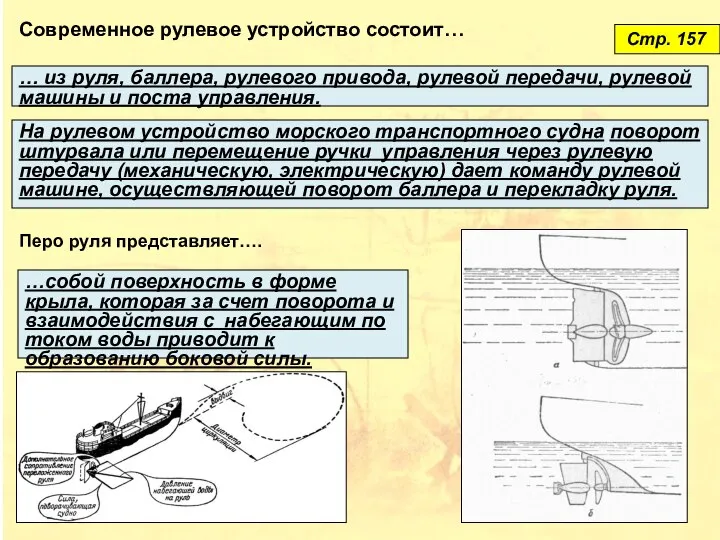 Стр. 157 Cовременное рулевое устройство состоит… … из руля, баллера, рулевого привода,