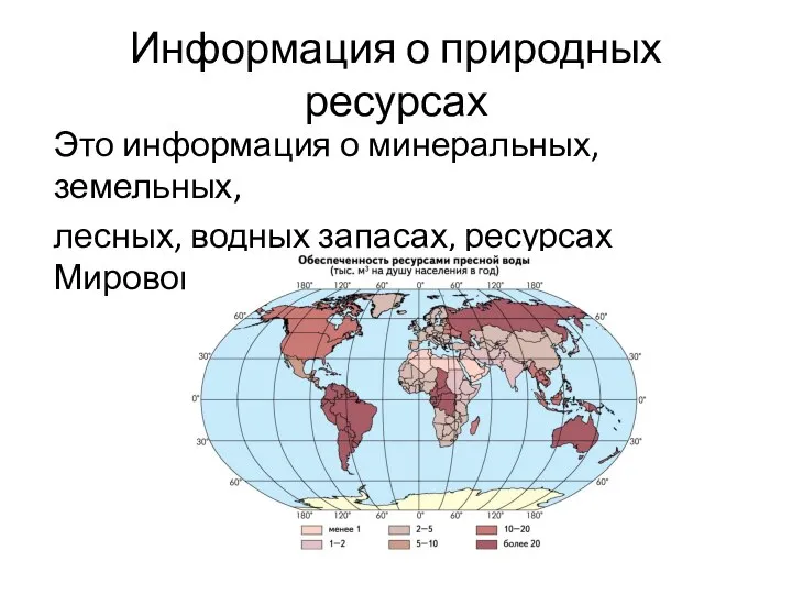 Информация о природных ресурсах Это информация о минеральных, земельных, лесных, водных запасах, ресурсах Мирового океана