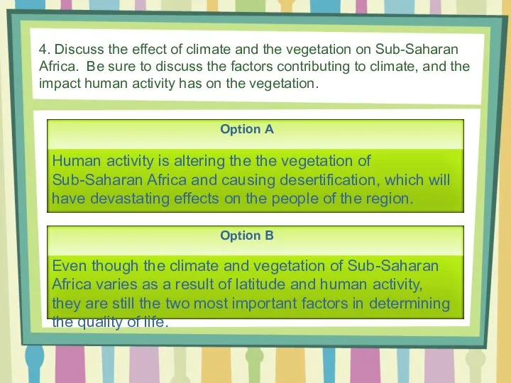 4. Discuss the effect of climate and the vegetation on Sub-Saharan Africa.