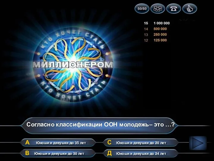 Согласно классификации ООН молодежь– это …? А В Д С Юноши и