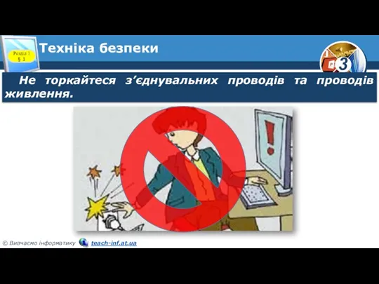 Техніка безпеки Розділ 1 § 1 Не торкайтеся з’єднувальних проводів та проводів живлення.