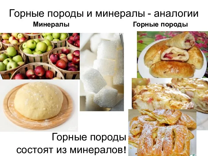 Горные породы и минералы - аналогии Горные породы Минералы Горные породы состоят из минералов!