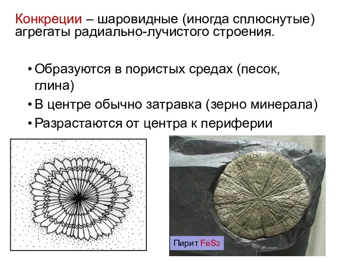 Образуются в пористых средах (песок, глина) В центре обычно затравка (зерно минерала)