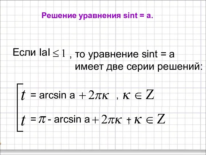 Решение уравнения sint = a. Если IaI , то уравнение sint =