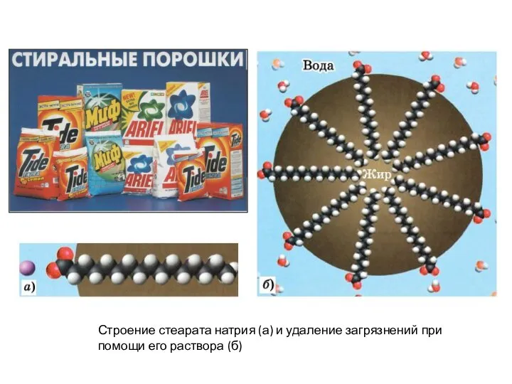 Строение стеарата натрия (а) и удаление загрязнений при помощи его раствора (б)