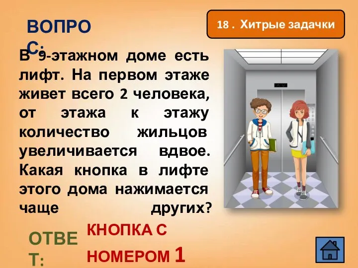 ВОПРОС: В 9-этажном доме есть лифт. На первом этаже живет всего 2