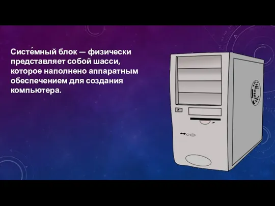 Систе́мный блок — физически представляет собой шасси, которое наполнено аппаратным обеспечением для создания компьютера.