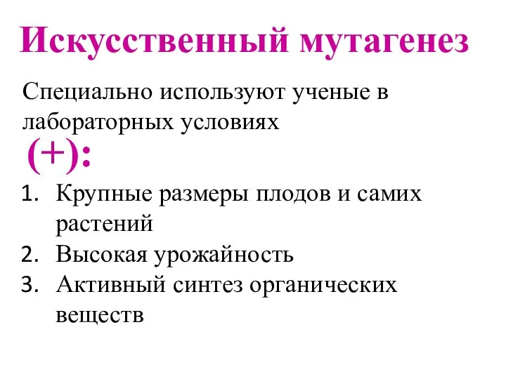 Искусственный мутагенез Специально используют ученые в лабораторных условиях (+): Крупные размеры плодов