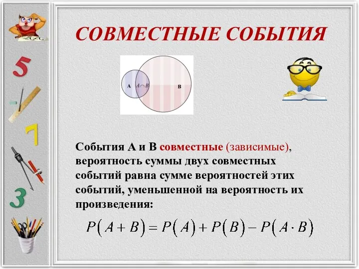 СОВМЕСТНЫЕ СОБЫТИЯ События A и B совместные (зависимые), вероятность суммы двух совместных