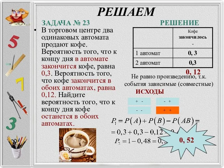 РЕШАЕМ В торговом центре два одинаковых автомата продают кофе. Вероятность того, что