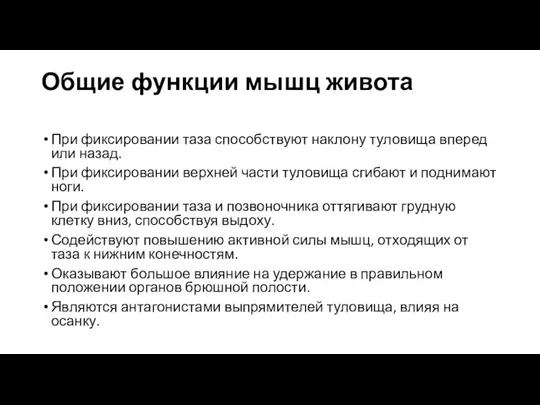 Общие функции мышц живота При фиксировании таза способствуют наклону туловища вперед или