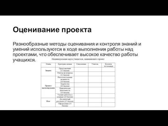 Оценивание проекта Разнообразные методы оценивания и контроля знаний и умений используются в