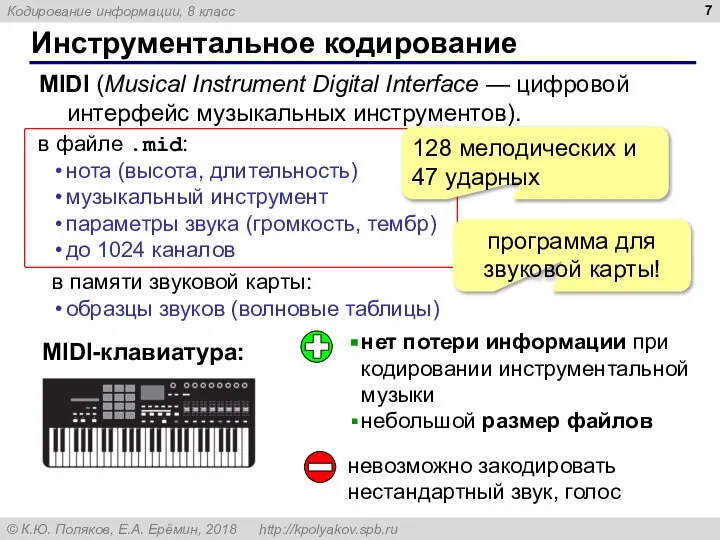 Инструментальное кодирование MIDI (Musical Instrument Digital Interface — цифровой интерфейс музыкальных инструментов).