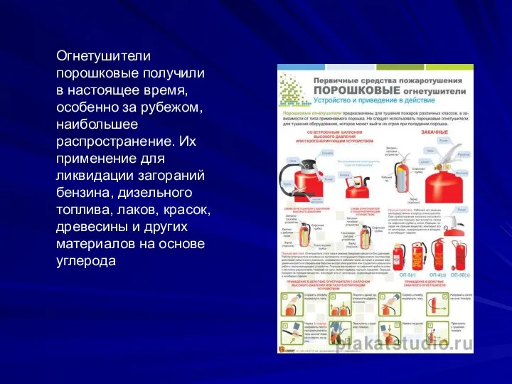 Огнетушители порошковые получили в настоящее время, особенно за рубежом, наибольшее распространение. Их