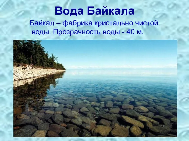 Вода Байкала Байкал – фабрика кристально чистой воды. Прозрачность воды - 40 м.