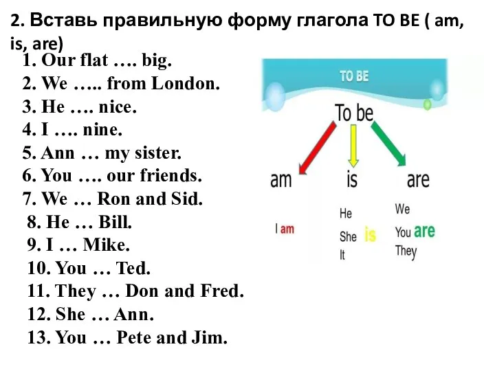 2. Вставь правильную форму глагола TO BE ( am, is, are) 1.