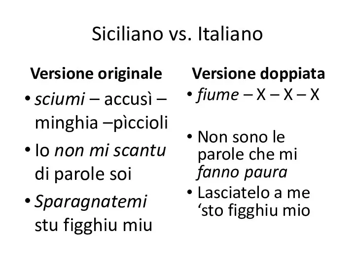 Siciliano vs. Italiano Versione originale sciumi – accusì – minghia –pìccioli Io