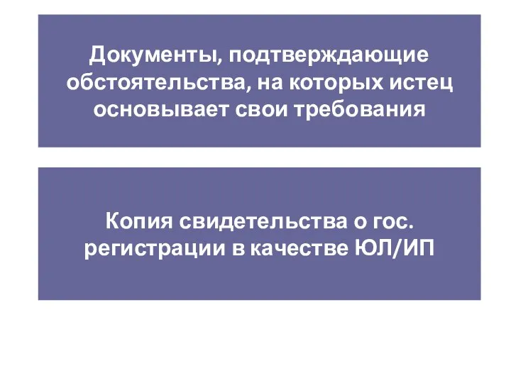 Документы, подтверждающие обстоятельства, на которых истец основывает свои требования Копия свидетельства о гос.регистрации в качестве ЮЛ/ИП