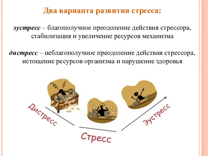 Два варианта развития стресса: эустресс – благополучное преодоление действия стрессора, стабилизация и