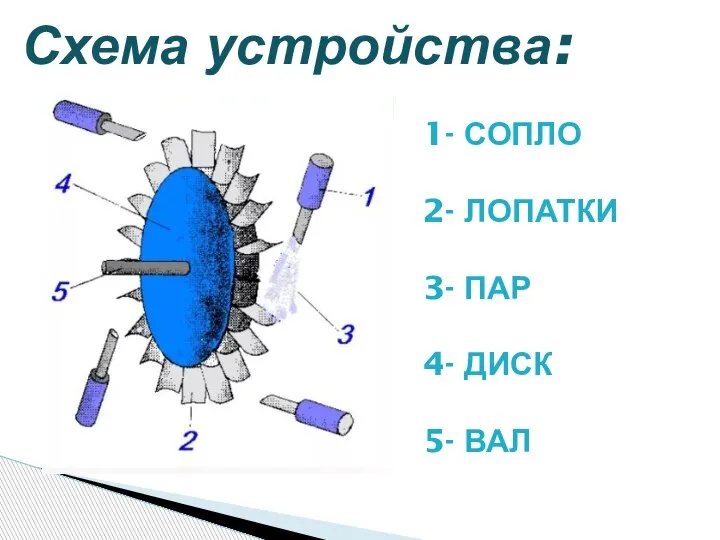 Схема устройства: 1- СОПЛО 2- ЛОПАТКИ 3- ПАР 4- ДИСК 5- ВАЛ