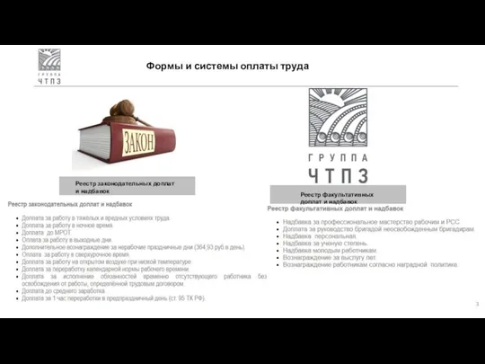 Формы и системы оплаты труда Реестр законодательных доплат и надбавок Реестр факультативных доплат и надбавок