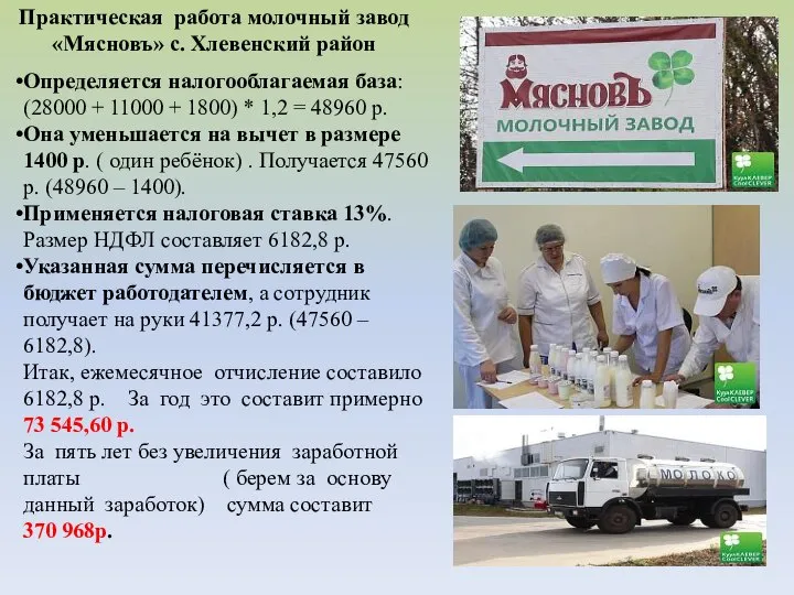 Практическая работа молочный завод «Мясновъ» с. Хлевенский район Определяется налогооблагаемая база: (28000