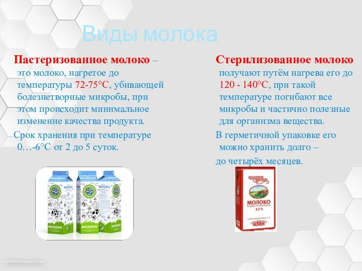 Виды молока Пастеризованное молоко – это молоко, нагретое до температуры 72-75°С, убивающей