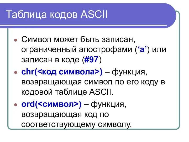 Таблица кодов ASCII Символ может быть записан, ограниченный апострофами (‘a’) или записан