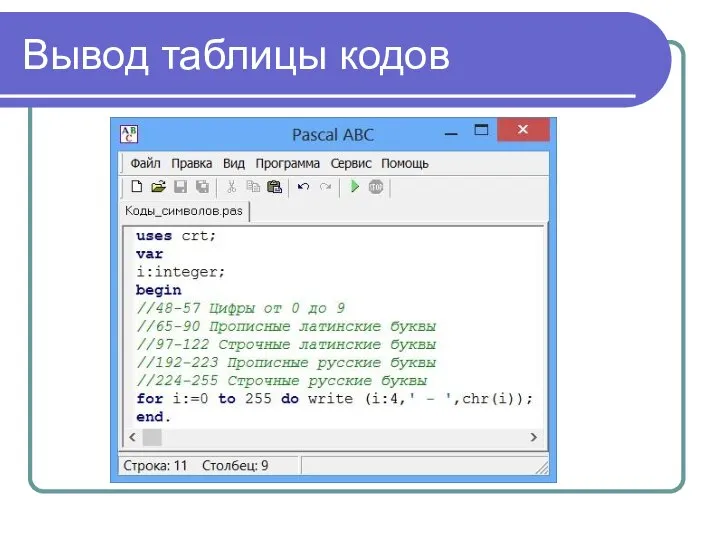 Вывод таблицы кодов