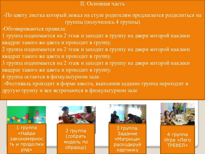 II. Основная часть -По цвету листка который лежал на стуле родителям предлагается