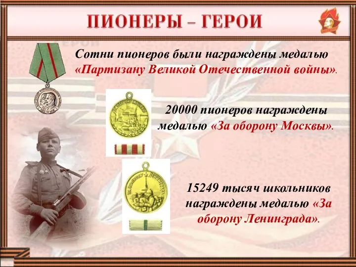 20000 пионеров награждены медалью «За оборону Москвы». 15249 тысяч школьников награждены медалью