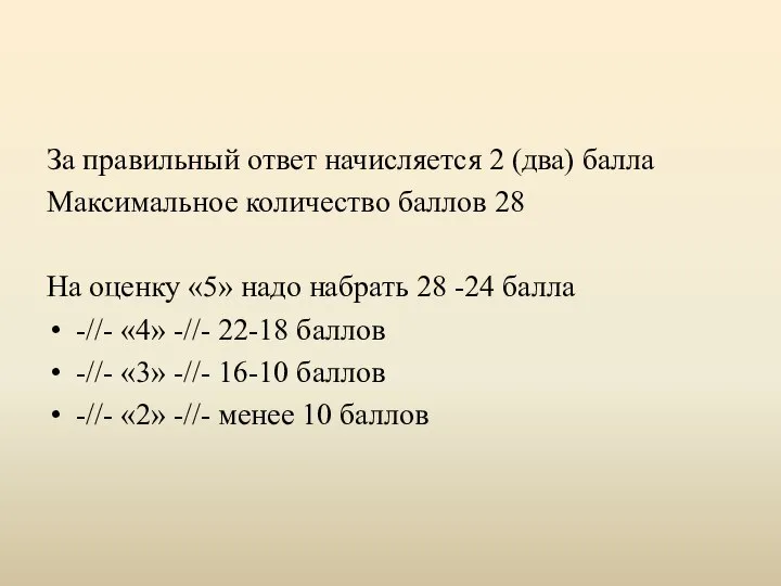 За правильный ответ начисляется 2 (два) балла Максимальное количество баллов 28 На