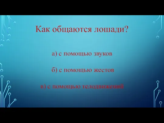 Как общаются лошади? а) с помощью звуков б) с помощью жестов в) с помощью телодвижений