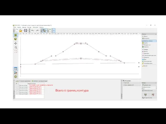 Всего 6 границ контура Поперечный профиль насыпи Граница ИГЭ-1 Граница ИГЭ-2 Граница