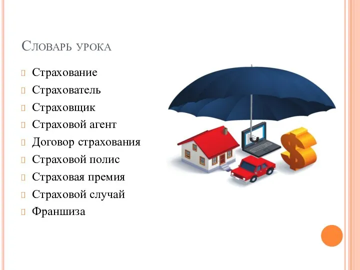 Словарь урока Страхование Страхователь Страховщик Страховой агент Договор страхования Страховой полис Страховая премия Страховой случай Франшиза