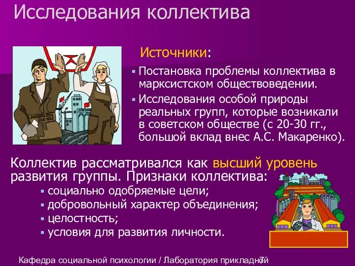 Кафедра социальной психологии / Лаборатория прикладной социальной психологии Исследования коллектива Источники: Постановка