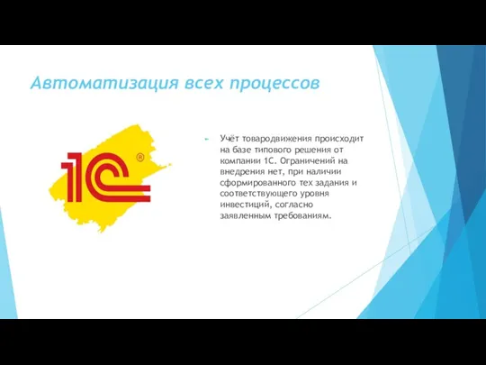 Автоматизация всех процессов Учёт товародвижения происходит на базе типового решения от компании