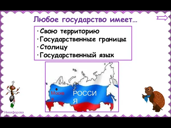 Любое государство имеет… ∙Свою территорию ∙Государственные границы ∙Столицу ∙Государственный язык