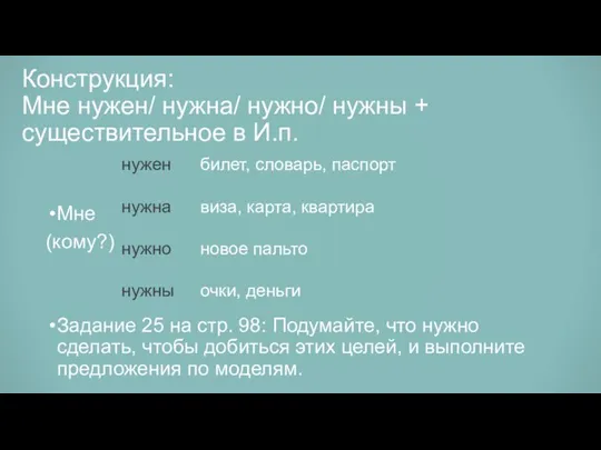 Конструкция: Мне нужен/ нужна/ нужно/ нужны + существительное в И.п. Мне (кому?)